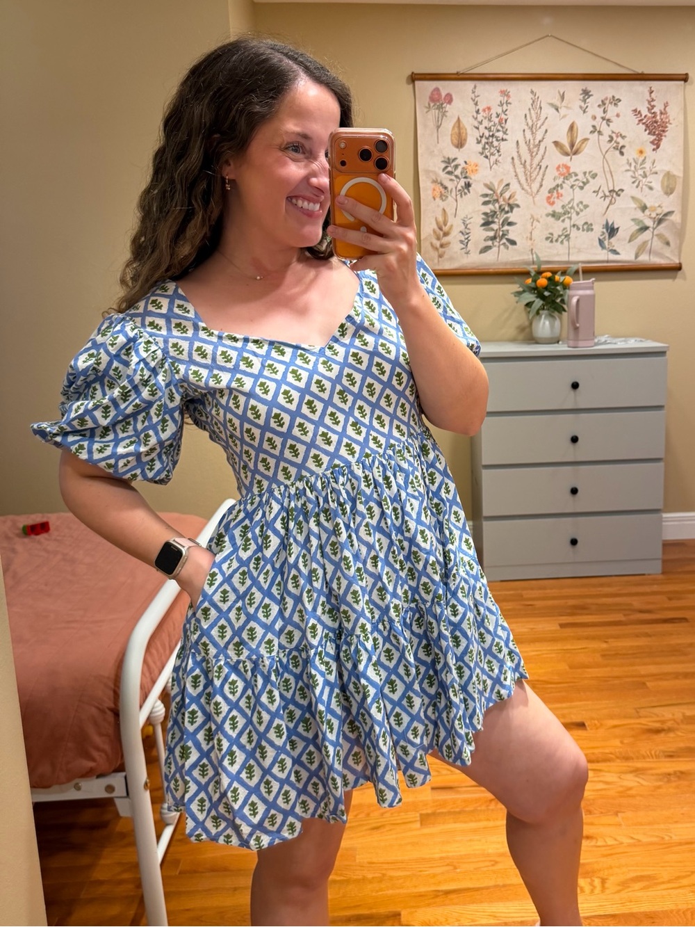 Tuckernuck Mille Blue and White Printed Puff-Sleeve Mini Dress Cotton Medium
